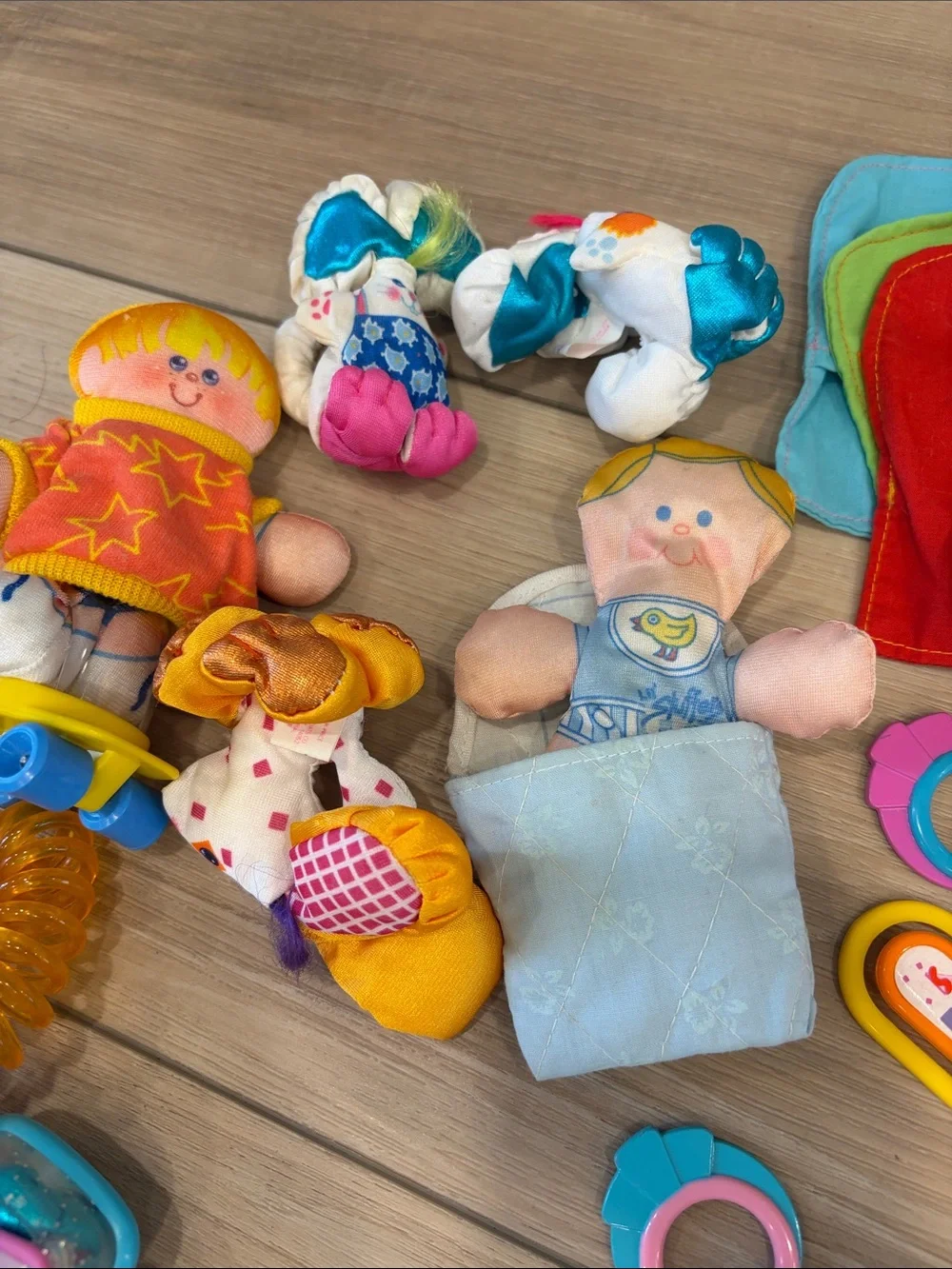 Vintage Fisher-Price Smooshees Colorful Plush Baby Toy Set in Yellow, Blue, Pink